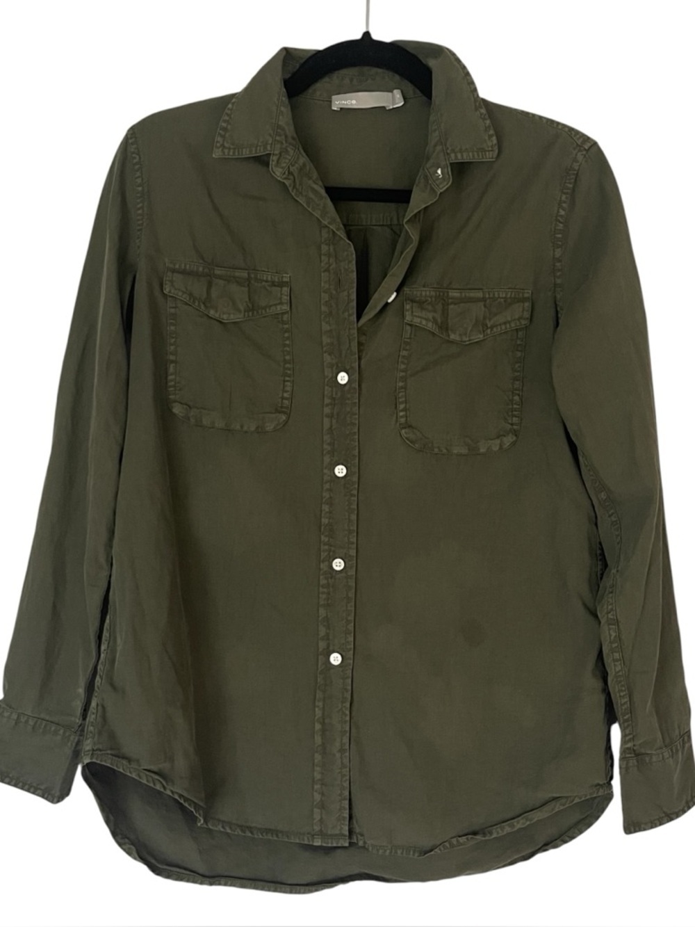 VINCE Olive Button Down Silk Cotton Blend Utility Green Shirt Size XS